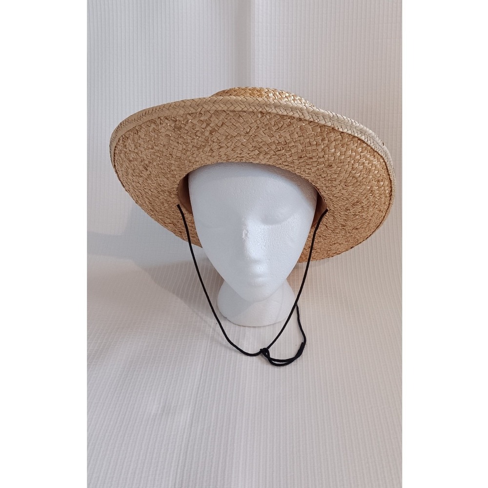 Vintage Made in USA Straw Boater Hat Large Natural Woven Mid Brim Abstract Band - Picture 2 of 9